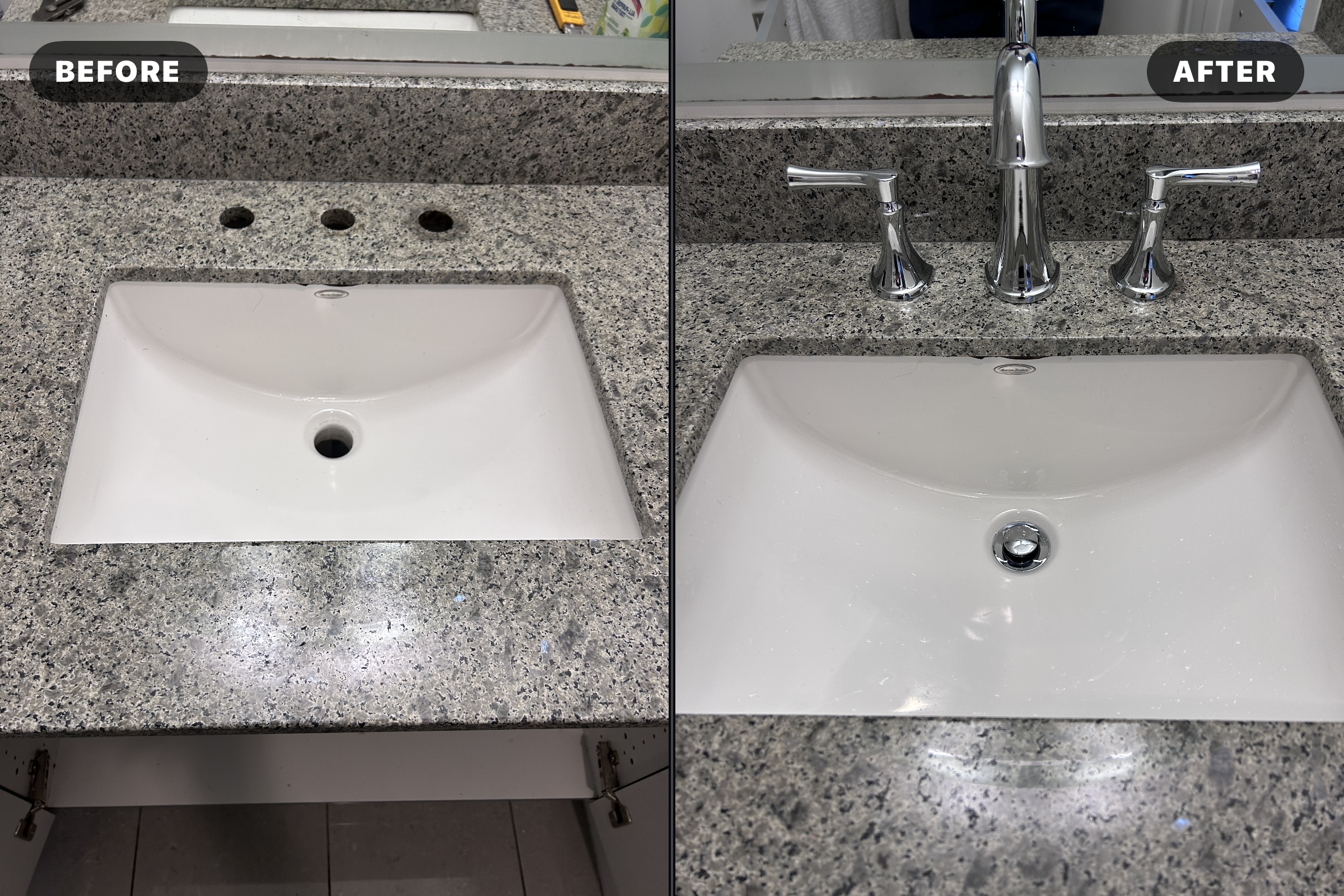 Bathroom faucet installation – before and after New widespread bathroom sink faucet installed by Miller Plumbing - before and after
